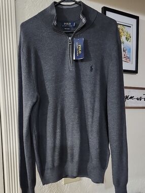 Polo Ralph Lauren Pima Cotton Quarter-Zip Sweater - Grey NWT Sz L Classic Luxury
